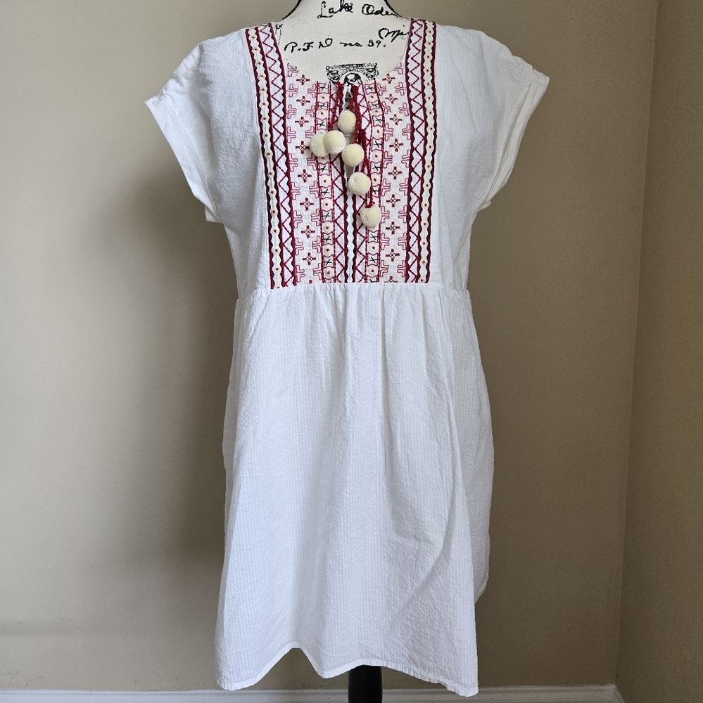 Chelsea & Violet Mini Dress Womens XL Pom Pom Peasant Bohemian Cotton